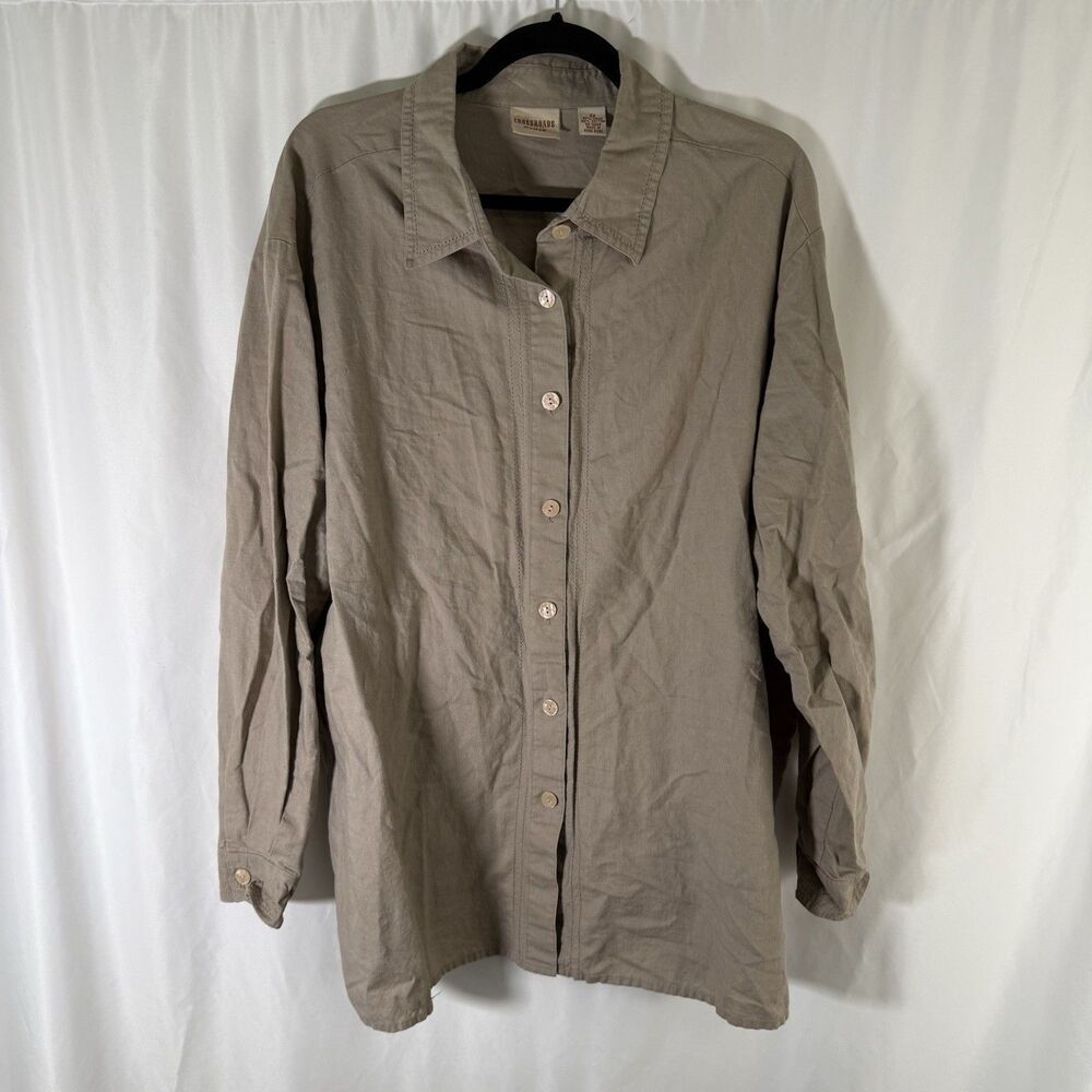 Crossroads Linen Blend Blouse Women's 2X Brown Button Up Long Sleeve Collared